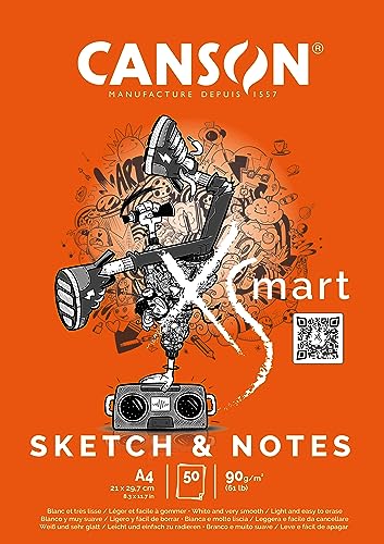 CANSON Xsmart Sketch & Notes, Zeichenpapier, weiß, feine Körnung, 90 g/m², Längseitig geklebter Block, A4-21 x 29,7 cm, Weiß, 50 Blatt von Canson