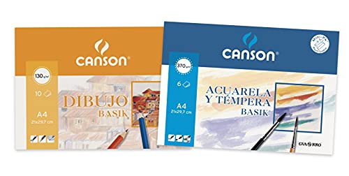 Canson - 1 Minipack A4 mit 10 Blatt Zeichnungen Basik 130 g und 1 Minipack A4 6 Blatt Aquarell Basik 370 g von Canson