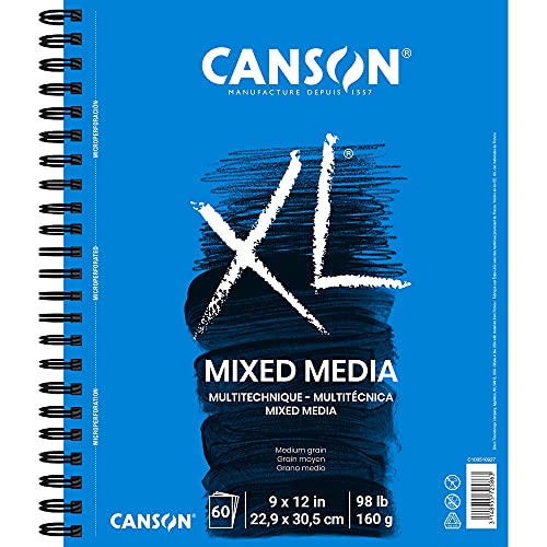 Canson 100510927 XL Series Mix Media Papierblock, feine Textur, schwere Größe für nasse und trockene Medien, seitliche Drahtbindung, 44,5 kg, 22,9 x 30,5 cm, 60 Blatt, Papier, Mehrfarbig, 1-Pack von Canson