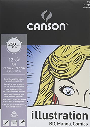 CANSON Illustration Manga, glattes Papier, 250 g/m², an der kurzen Seite geleimter Block, DIN A4, 21 x 29,7 cm, Weiß, 12 Blatt CANSON Illustration Manga, glattes Papier, 250 g/m², an der kurzen Seite geleimter Block, DIN A4, 21 x 29,7 cm, Weiß, 12 Blatt von Canson