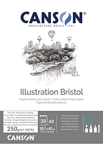 CANSON Illustration Bristol, extra glattes, satiniertes Papier, 250 g/m², an der kurzen Seite geleimter Block, DIN A3, 29,7 x 42 cm, Extraweiß, 20 Blatt CANSON Illustration Bristol, extra glattes, satiniertes Papier, 250 g/m², an der kurzen Seite geleimter Block, DIN A3, 29,7 x 42 cm, Extraweiß, 20 Blatt von Canson