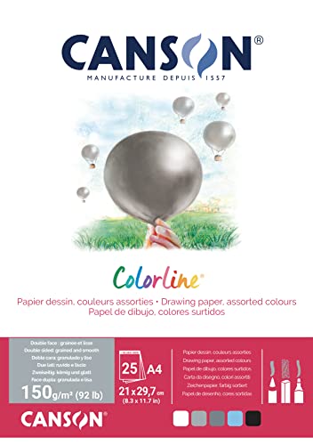 CANSON Colorline, Farbiges Zeichenpapier, Zweiseitig: gekörnt und glatt, 150gsm, 92lb, An der kurzen Seite geleimter Block, A4-21x29,7cm, 5 verschiedene Farbtöne, 25 Blatt - C31074P004 von Canson