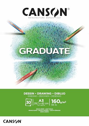 CANSON Graduate, Weißes Zeichenpapier, leichte Körnung, 160 g/m², an der kurzen Seite geleimter Block, DIN A3, 29,7 x 42 cm, Hellweiß, 30 Blatt CANSON Graduate, Weißes Zeichenpapier, leichte Körnung, 160 g/m², an der kurzen Seite geleimter Block, DIN A3, 29,7 x 42 cm, Hellweiß, 30 Blatt von Canson