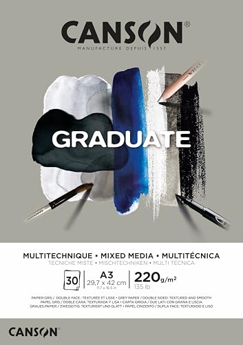 Canson Graduate - C400110372 Mix Media Papier Block, DIN A3, 30 Blatt, 220 g/m², Grau von Canson