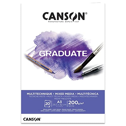Canson Graduate - C400110378 Mix Media Papier Block, DIN A3, 20 Blatt, 200 g/m² Weiß von Canson