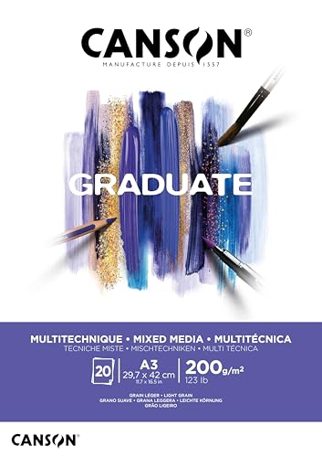 Canson Graduate - C400110378 Mix Media Papier Block, DIN A3, 20 Blatt, 200 g/m² Weiß von Canson