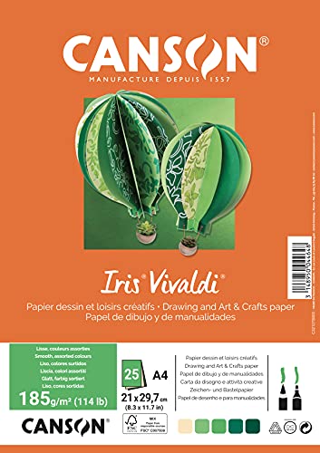 CANSON Packung mit 25 Blatt IRIS VIVALDI A4, 185 g/m², verschiedene Farben, cremefarben/grün/braun von Canson