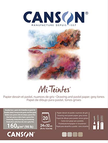 Canson Mi-Teintes, Farbiges Zeichenpapier, 160gsm, 98lb, An der kurzen Seite geleimter Block, 24x32cm, 4 Grautöne, 20 Blatt C31032P003 grau 20 Hojas von Canson
