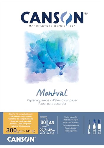 Canson Montval Aquarellpapier, feine Körnung, 300 g/m², auf der kurzen Seite, A3-29,7 x 42 cm, Weiß, 30 Blatt von Canson