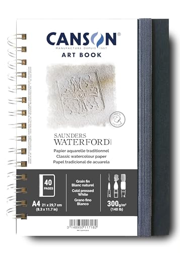 Canson Professional Book Aquarellpapier, feine Körnung, 300 g/m², Spiralblock, Hardcover, A4-21 x 29,7 cm, Weiß, 20 Blatt von Canson
