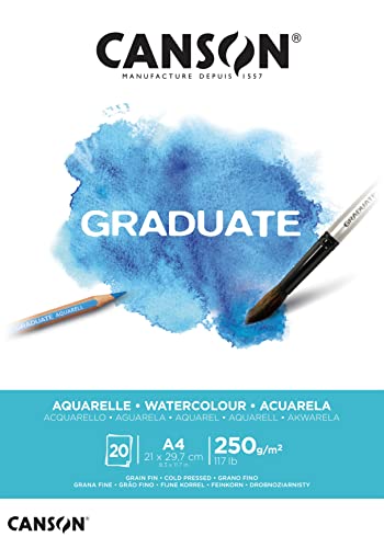 CANSON Graduate, Aquarellpapier, fein, 250 g/m², an der kurzen Seite geleimter Block, DIN A4 21 x 29,7 cm, Naturweiß, 20 Blatt von Canson