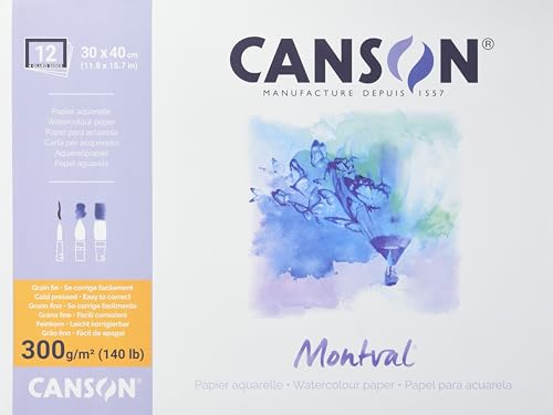 CANSON Montval, Aquarellpapier, fein, 300 g/m², rundum geleimter Block, 30 x 40 cm, Weiß, 12 Blatt von Canson