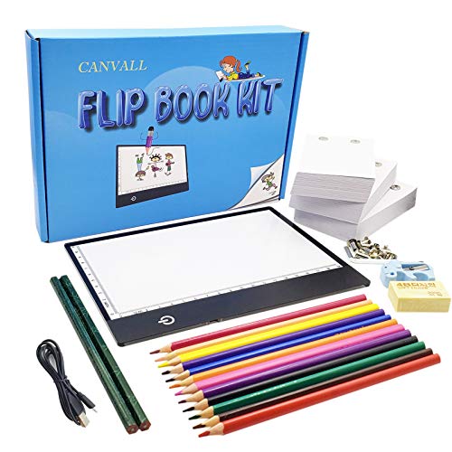 Canvall Flipbook Kit zum Zeichnen und Nachzeichnen, enthalten:A5 LED Light Box, 540 Seiten animiertes Loseblattpapier, 2 HB +12 farbige Zeichenstifte, Bleistiftspitzer, Radiergummi, Schraubendreher von Canvall