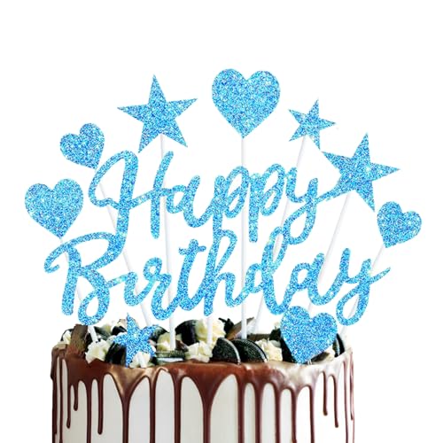 Tortenaufsätze, "Happy Birthday", glitzerndes Herz, Sterne, geeignet für Geburtstagsparty, Kuchendekoration, 11-teiliges Set (blau) von Canvas Trend