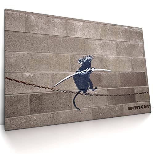 Banksy - Rat on the Chain - Leinwand Bild - Wandbild aufhängefertig Grafitti Kunst Druck Bilder Wand Deko Modern Art XXL Wohnzimmer (120 x 80 cm, Leinwand auf Keilrahmen, Rat on the Chain) von CanvasArts