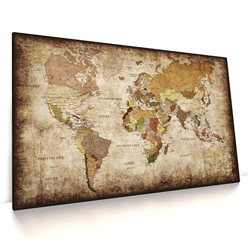 Weltkarte - Leinwand Bild - Vintage, deutsch, Grunge Style, aktuelle moderne Karte der Welt (80 x 50 cm, Leinwand auf Keilrahmen) von CanvasArts