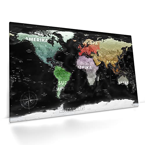 Weltkarte - bunte Kontinente - Leinwandbild, deutsch, farbig unterteilte Länder und Kontinente, Politische und Physische Karte der Welt, Wand (150 x 90 cm, Leinwand auf Keilrahmen, bunte Kontinente) von CanvasArts