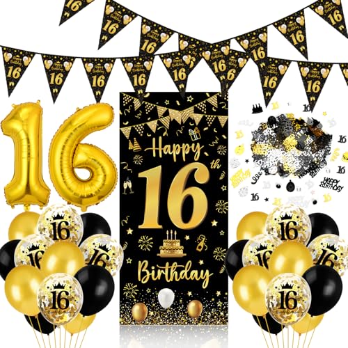 16 Geburtstag Deko Junge Mädchen, 16 Geburtstag Banner Schwarz Gold, Luftballons Wimpel Girlande Konfetti Türdeko 16 Geburtstagsdeko für Jungen Mädchen Party Hintergrund 16 Geburtstag Deko Junge Mädchen, 16 Geburtstag Banner Schwarz Gold, Luftballons Wimpel Girlande Konfetti Türdeko 16 Geburtstagsdeko für Jungen Mädchen Party Hintergrund von Capaneus