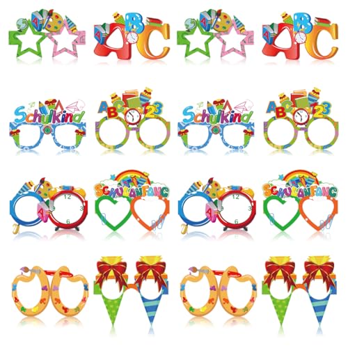 Capaneus 16 Stück Einschulung Deko,Schulanfang Schulkind Brille,deko Schulanfang für Mädchen und Junge,Schulanfang Partybrillen,Einschulungsdeko Papier Partybrille von Capaneus