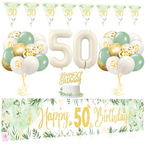 50 Geburtstag Deko Luftballons, Grün Gold Deko 50. Geburtstag Frau Luftballons Set, 50.ter Geburtstag Deko Luftballon mit Banner und Girlande Wimpel für 50 Geburtstag Frauen Mann Dekorationen von Capaneus