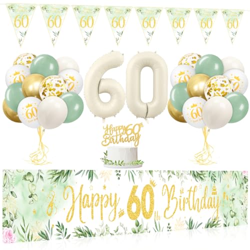 60 Geburtstag Deko Luftballons, Grün Gold Deko 60. Geburtstag Frau Luftballons Set, 60.ter Geburtstag Deko Luftballon mit Banner und Girlande Wimpel für 60 Geburtstag Frauen Mann Dekorationen von Capaneus