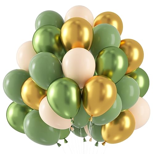 60 Stück Luftballons Grün Gold, Luftballons Salbeigrün, Avocado Metallic Gold Latex luftballons, Sage Olive Grüne Gold Helium Ballon für Geburtstag Baby Shower Hochzeit Tropische Safari Party Deko von Capaneus
