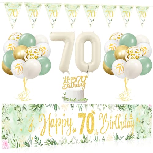 70 Geburtstag Deko Luftballons, Grün Gold Deko 70. Geburtstag Frau Luftballons Set, 70.ter Geburtstag Deko Luftballon mit Banner und Girlande Wimpel für 70 Geburtstag Frauen Mann Dekorationen von Capaneus