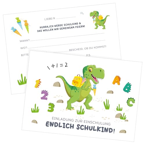 Capaneus 12er Dinosaurier Einschulung Einladungskarten, Dino Einladung Einschulung Junge, Dino Einladungskarten Einschulung Grundschule, Einladungskarten für Kinder zum Schulanfang, Endlich Schulkind von Capaneus
