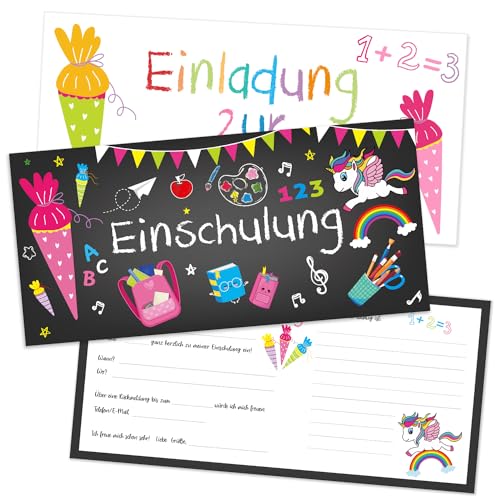 Capaneus 12pcs Einladungskarten Einschulung Einhorn, Einschulung Einladung Mädchen mit Umschlag, Einladungen zum Schulanfang mit Einhorn Motiv, Einladungskarten für Kinder zum Schulbeginn von Capaneus