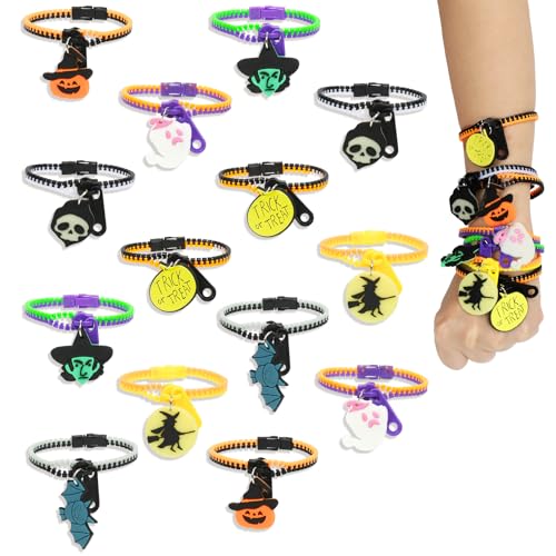 Capaneus 14 Stück Halloween Reißverschluss Armbänder,Halloween Kinder Freundschaftsarmbänder,Zappeln Armbänder mit Geister Kürbis Hexe Anhänger,Party Mitgebsel von Capaneus