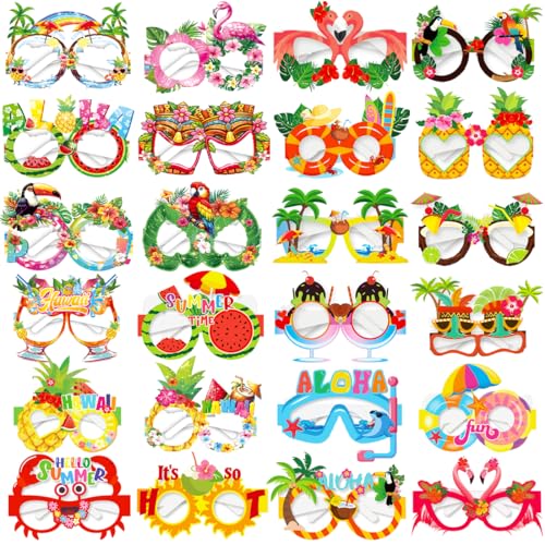 Capaneus 24 Stück Hawaiian Papierbrille, Tropical Hawaiian Party Lustige Brillen Foto Requisiten，Sommer Beach Party Accessoires für Kinder und Erwachsene, Hawaii Kostüm Zubehör von Capaneus