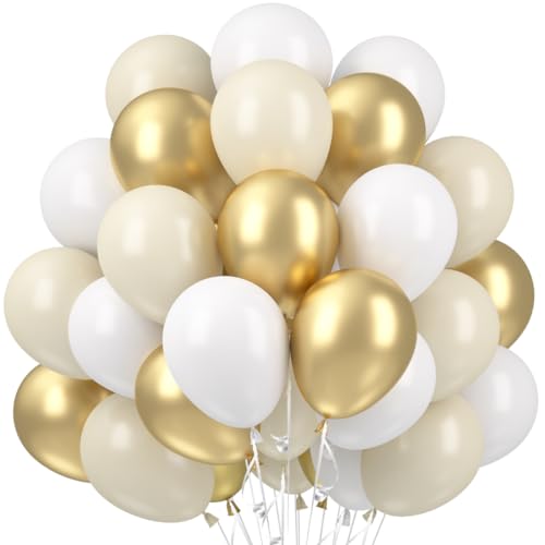 Luftballons Beige Weiß Gold, 60 Stück Ballons Beige Latex Luftballons, Weiß Goldene Luftballon Hochzeit, Sandweiß Metallic Gold Luftballons Girlande für Geburtstag Babyparty Party Dekorationen von Capaneus