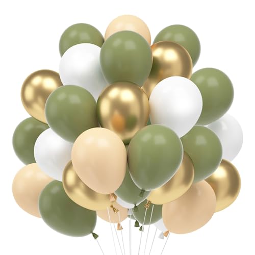 Luftballons Grün Gold, Luftballons Salbeigrün 60 Stück Grüne Ballons Set, Retro Grün Gold Weiss Metallic Latex luftballons für Geburtstag Baby Shower Hochzeit Tropische Safari Party Deko von Capaneus