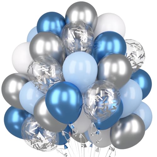 60 Stück Luftballons Blau Weiss Silber, Blaue Luftballons Set, Metallic Blau Weiß Silber Konfetti Luftballons, Dunkelblau Hellblau Silber Latex Ballons für Geburtstag Hochzeit Baby Shower Party Deko von Capaneus