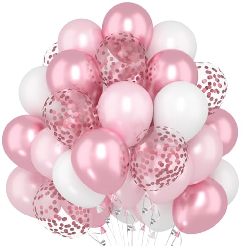 60 Stück Rosa Ballons, 12 Zoll Metallische Rosa Weiß Helium Luftballons, Pink Konfetti Latexballons für Mädchen Frauen Hochzeit Babyparty Geburtstagsdeko von Capaneus