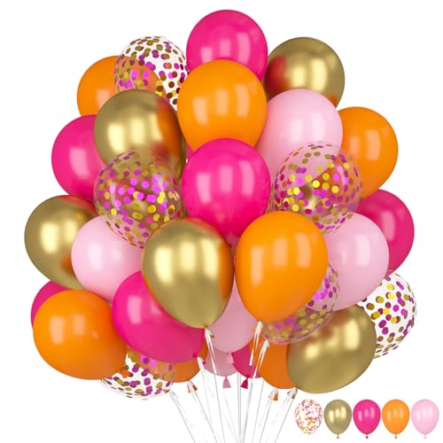 60 Stück Luftballons Rosa Orange, Hot Rosa Ballons, Fuchsia Luftballons Mit Macaron Pink Gold Konfetti Helium Latexballons Für Mädchen Geburtstag Hochzeit Babyparty Party Dekoration von Capaneus