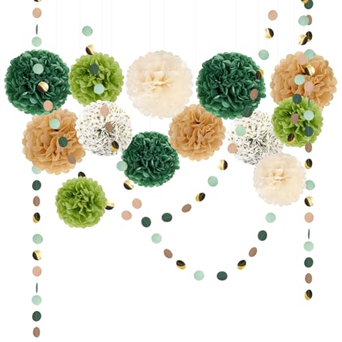 Pompons Deko Grün, 15 Stück Seidenpapier Pompons mit Punkte Girlande Grün, Papier Pompons Girlande für Hochzeit Geburtstag Jugendweihe Gartenparty Babyparty Deko von Capaneus