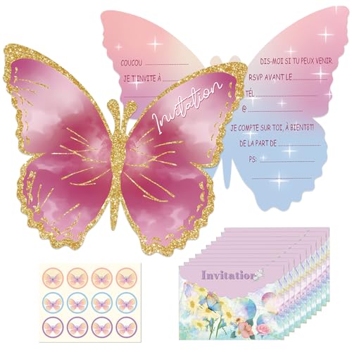 12 Schmetterling Einladungskarten Kindergeburtstag Mädchen mit Umschlägen und Schmetterling Aufkleber, Französisch Schmetterling Einladungskarten, Schmetterling Party Einladung Karte für Mädchen von Capgoost