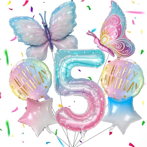 7 Stück Schmetterling Deko Geburtstag, 5 Jahre Schmetterling Folienballon, Bunt Schmetterlinge Geburtstagsdeko, Luftballon Rosa,Feen Geburtstag Deko, Schmetterling Themen Party für Mädchen Geburtstag von Capgoost