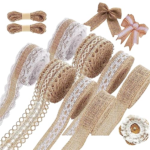 8 Rollen Juteband Vintage Spitzenband, Natürliche Jute Bänder und Spitze, Leinwand Band für DIY Handwerk Weihnachten Deko Hochzeit Party Basteln Geschenkband mit 20m Hanfseil, 1 Meter pro Rolle von Capgoost