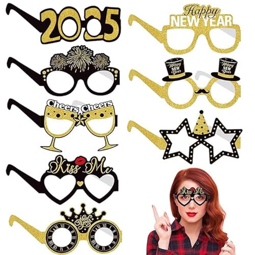 8 Stück Frohes Neues Jahr Brille, 2025 Silvester Deko, Silvester Party Foto Zubehör, Papier Neujahr Party Brillen, Schwarz Gold Happy New Year Brillen, Silvester Foto Requisiten Neujahr Deko Zubehör von Capgoost