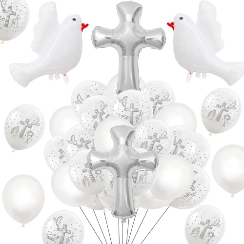 Capgoost Luftballons Kommunion, 34 Stück Kommunion Ballons, Taube Taufe Deko, Weiß Luftballons mit Kreuz, Deko Kommunion, Kreuzballon Konfirmation Deko für Jungen Mädchen Babyparty Geburtstag Party von Capgoost