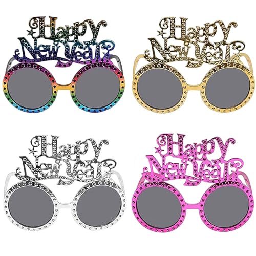 Silvester Brille, 4 Stück Frohes Neues Jahr Brillen, 2024 Neujahr Deko Brillen, Partybrille Silvester Lustige Foto Requisiten, Happy New Year Brillen Silvester Deko Brillen Requis Accessoires von Capgoost