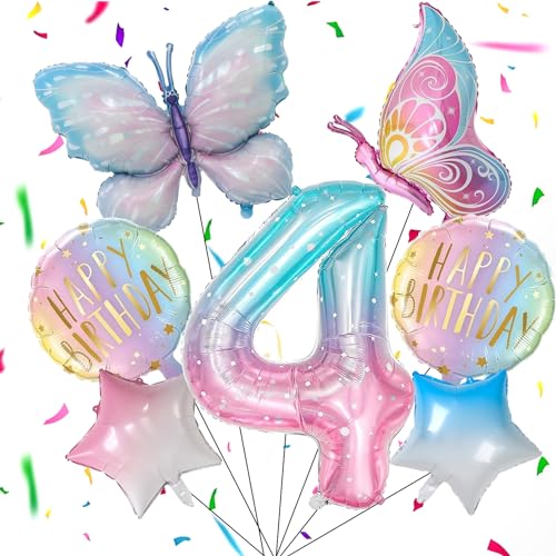 7 Stück Schmetterling Deko Geburtstag, 4 Jahre Schmetterling Folienballon, Bunt Schmetterlinge Geburtstagsdeko, Luftballon Rosa,Feen Geburtstag Deko, Schmetterling Themen Party für Mädchen Geburtstag von Capgoost