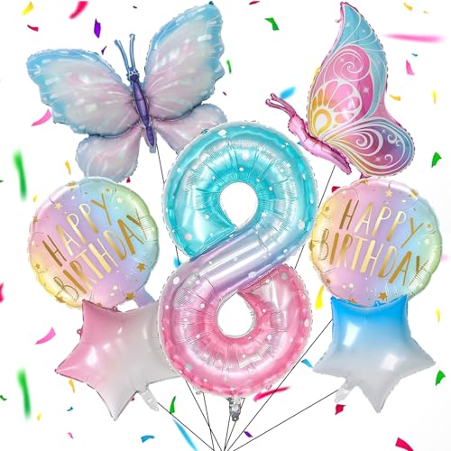 Capgoost Schmetterling Geburtstag Deko, Geburtstag Mädchen Schmetterlinge Folienballon, Bunt Schmetterlinge Geburtstagsdeko, Feen Geburtstag Deko für Mädchen Schmetterling Party Gartenparty (8 Jahre) von Capgoost