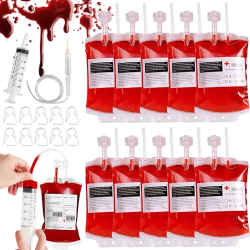 Halloween Trinkgefäß, 10 Stück Halloween Blutbeutel, 350ml Blutbeutel zum Befüllen, Blutbeutel zum Trinken mit Spritze Blutart Aufkleber, Halloween Deko Blutbeutel Infusionsbeutel Vampir Trinkgefäß Halloween Trinkgefäß, 10 Stück Halloween Blutbeutel, 350ml Blutbeutel zum Befüllen, Blutbeutel zum Trinken mit Spritze Blutart Aufkleber, Halloween Deko Blutbeutel Infusionsbeutel Vampir Trinkgefäß von Capgoost