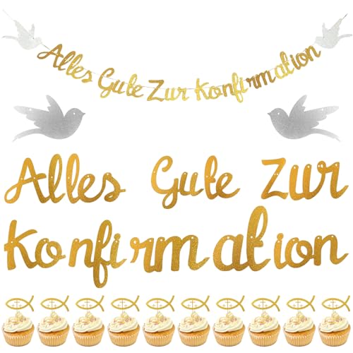 Kommunion Girlande Alles Gute zur Konfirmation Banner, Gold Glitzer Deko Konfirmation Mädchen Junge, Kommunion Deko Girlande, Taufe Papiergirlande Dekobanner Hängedeko für Taufe Party Dekoration von Capgoost