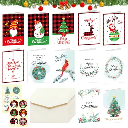 Weihnachtskarten mit Umschlag Set, 12 Stück Weihnachtskarten, Weihnachtskarte Klein, Kinder Klappkarten Postkarten Weihnachten mit Aufkleber, Grußkarten Christmas Cards Weihnachtspostkarten Set(C) von Capgoost