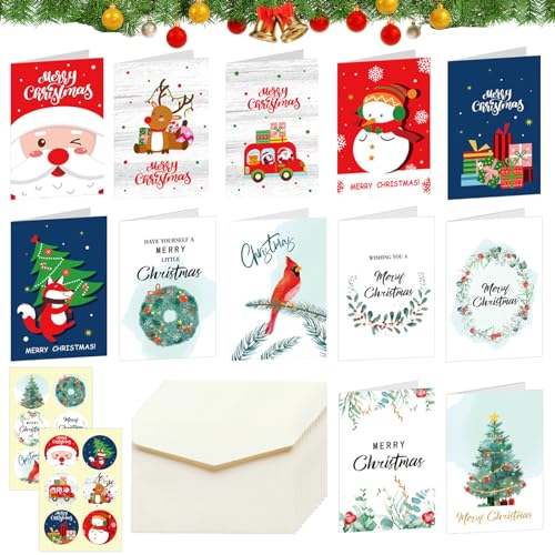 Weihnachtskarten mit Umschlag Set, 12 Stück Weihnachtskarten, Weihnachtskarte Klein, Kinder Klappkarten Postkarten Weihnachten mit Aufkleber, Grußkarten Christmas Cards Weihnachtspostkarten Set(B) von Capgoost