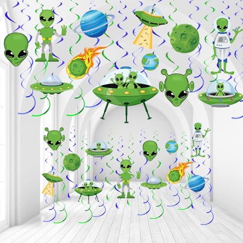 Capoda 54 Stück Alien Party Hängende Dekorationen UFO Thema Hängende Wirbel Grün Alien Party Supplies Weltraum Untertasse Mann Decke Dekor für Jungen und Mädchen Alien Geburtstag Babyparty Dekor von Capoda